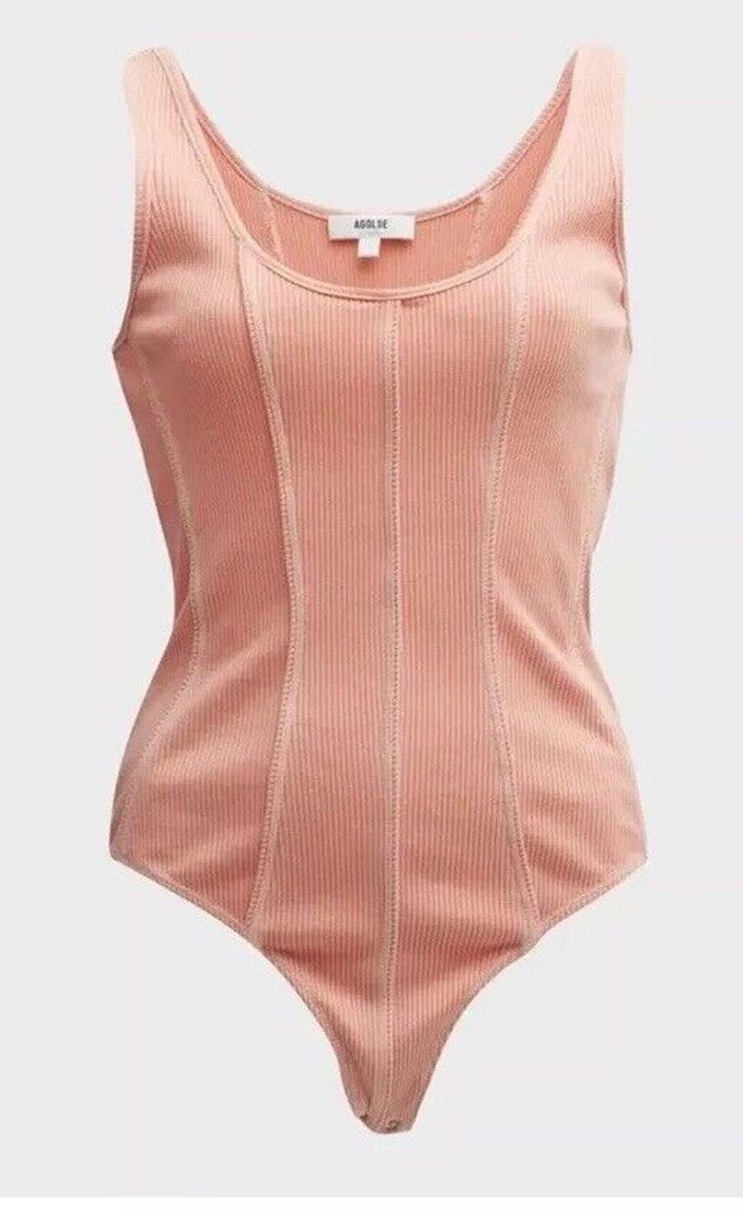 AGOLDE Bodysuit Elna Corset Seam Ribbed Grapefruit NEW Womens Large $178.00